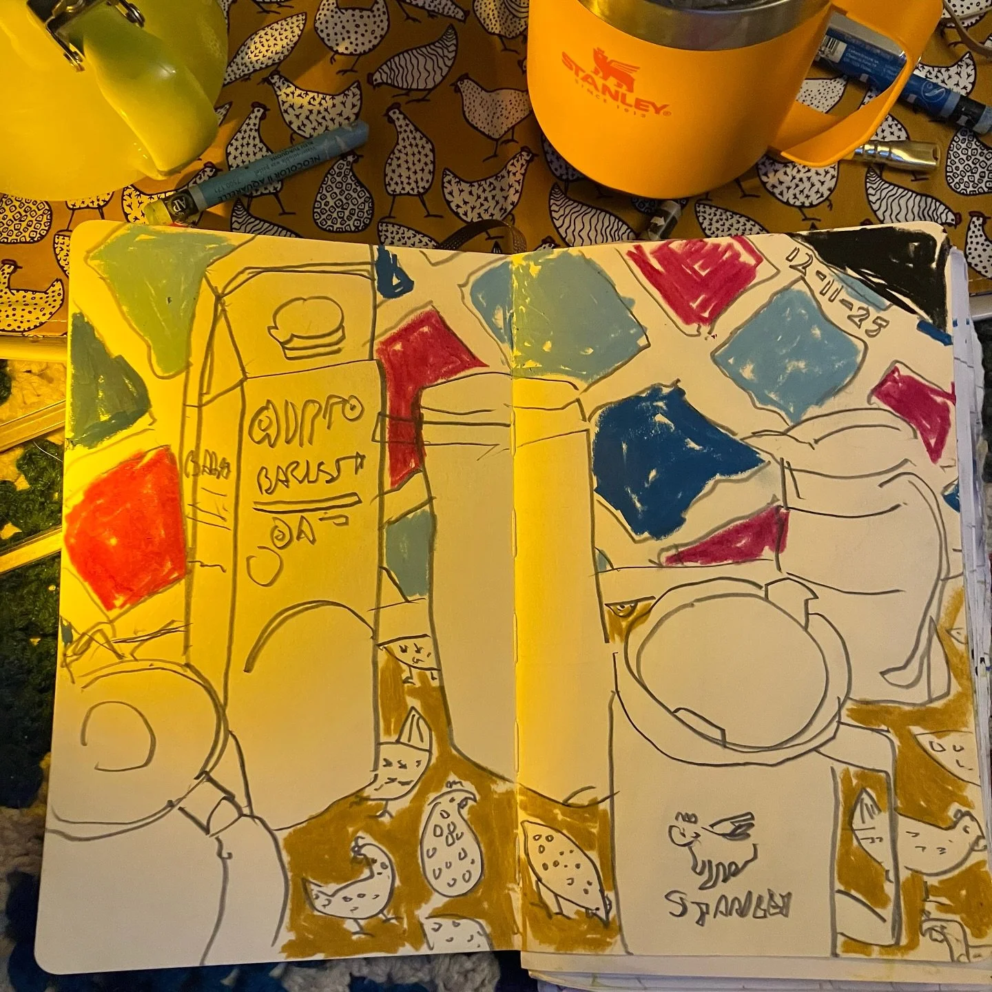 I enjoyed making this morning&rsquo;s tea-tray drawing. Yesterday I drew it in the dark (not a drawing I felt able to share!), but I wanted to experiment again today.

In the very early dawn light, I could just make out the familiar shapes on the tra