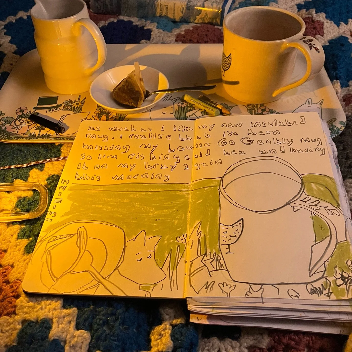 Back to the familiar this morning &mdash; drawing with the light on, my Louise mug, and my Moomin tray.
I woke very early and needed everything to feel steady, so I reached for the things I know: tea in bed, sketchbook, Blackwing stub.
Familiarity on