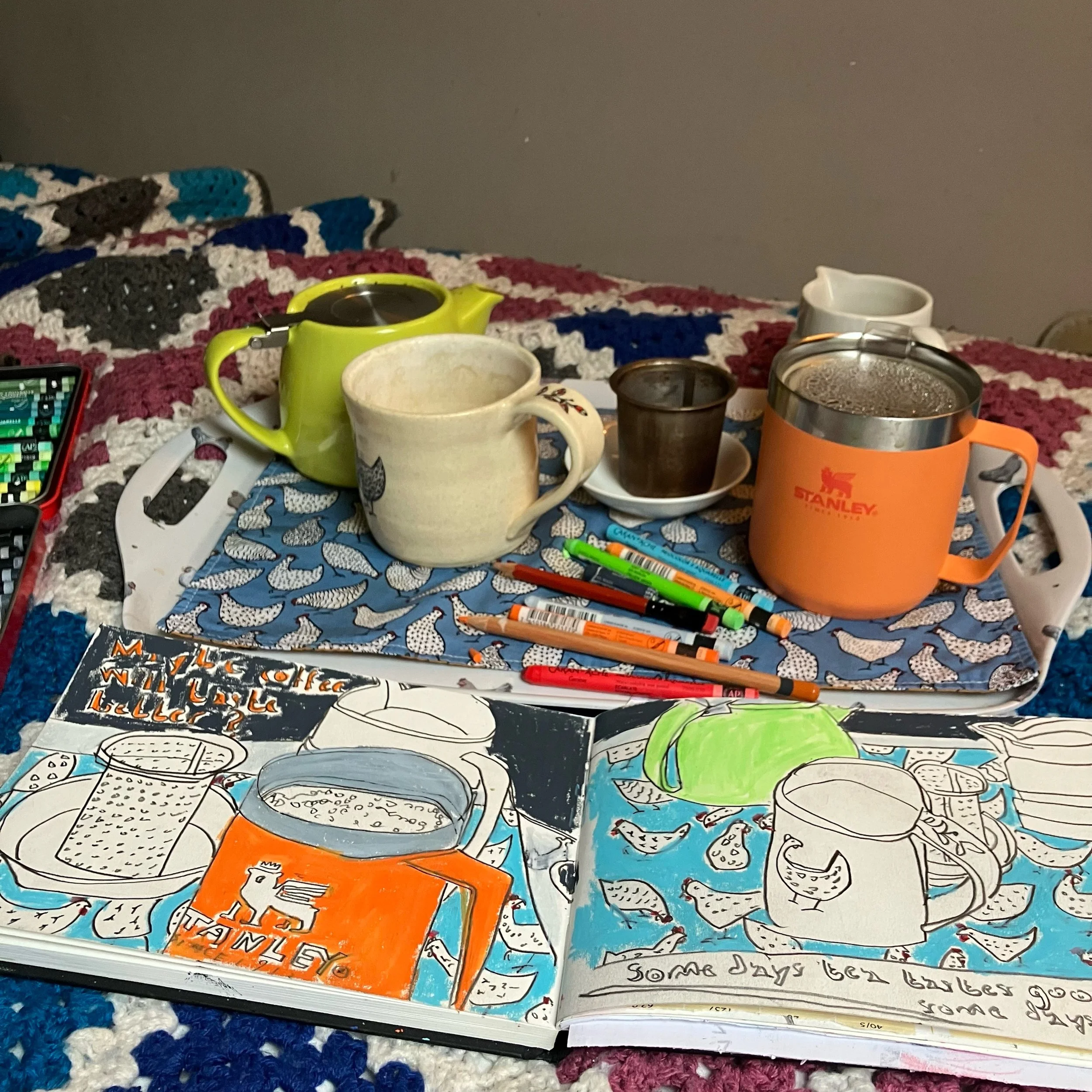 Morning tea (and coffee!) and drawing.

I&rsquo;ve been chasing that morning &ldquo;ahhh&rdquo; moment &mdash; when the first sip of a warm drink just hits the spot.

(Unusually) tea didn&rsquo;t do it for me this morning, so I tried coffee instead.

