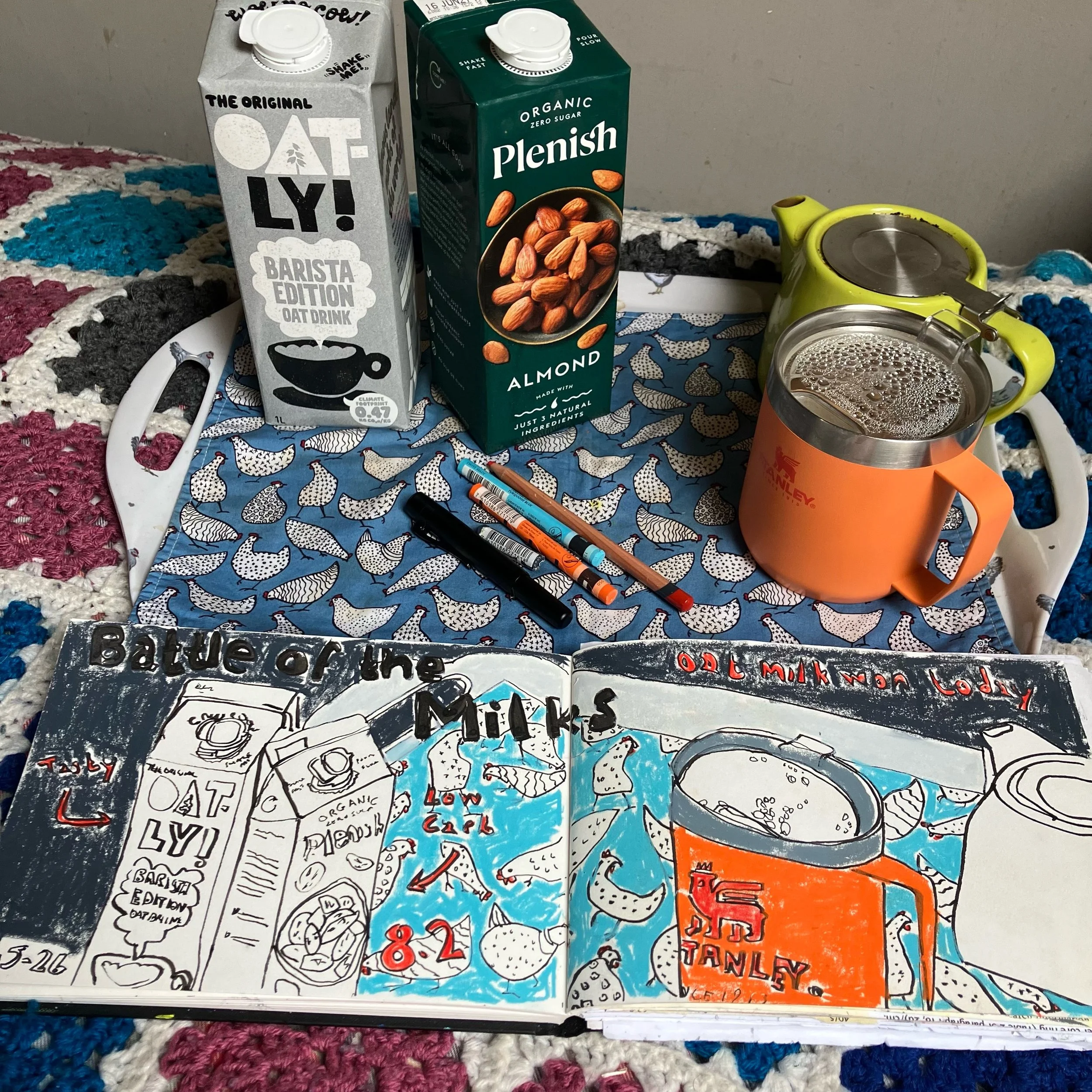 I couldn&rsquo;t decide which milk to put on my tray this morning (I wanted oat milk, but thought I should have almond milk).

In the end I put them both on the tray and decided which one to have when I poured my tea.

I hope your day isn&rsquo;t sta