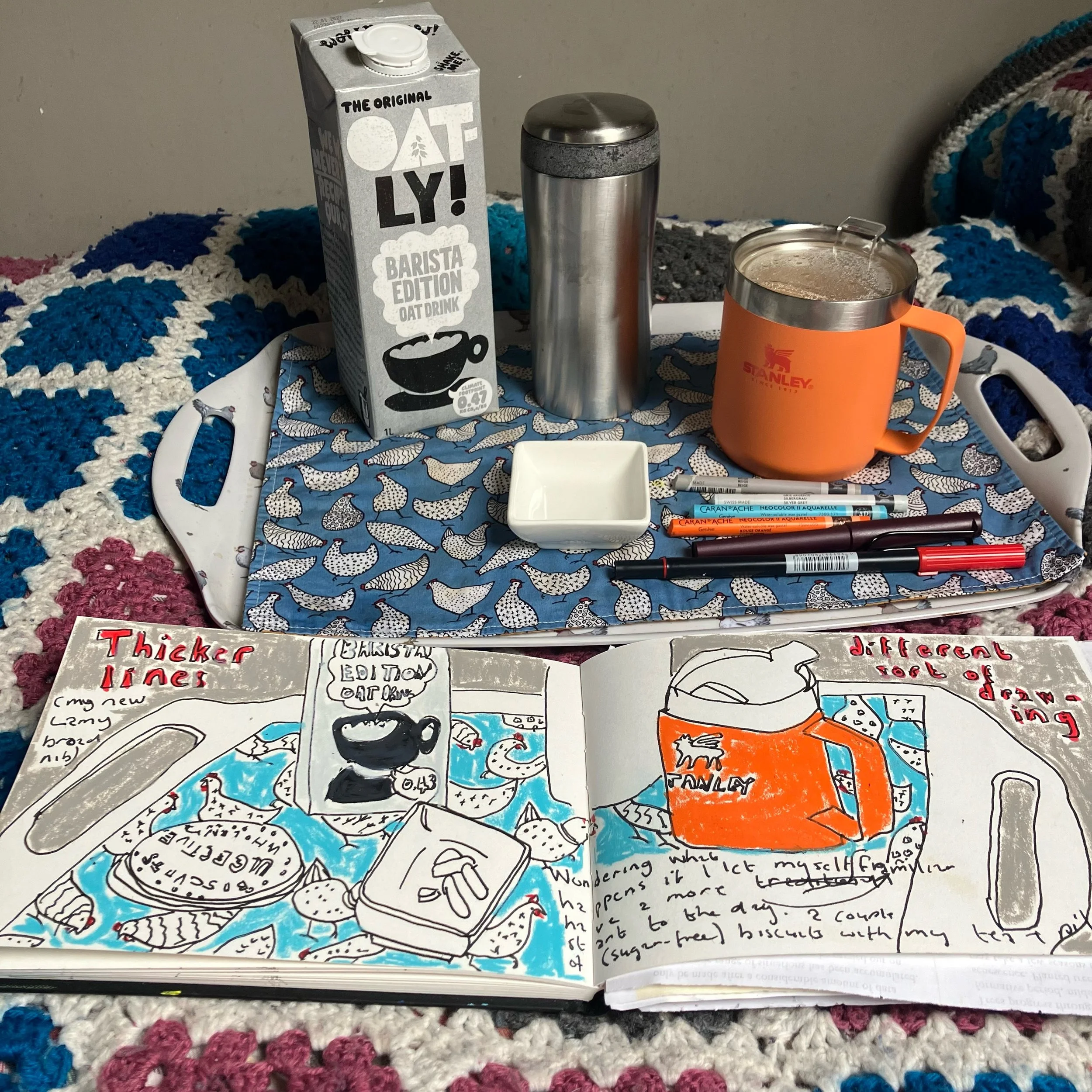 This morning&rsquo;s tea tray drawing before heading out for a damp, slightly breathless walk up the hill.

I&rsquo;ve been experimenting with my new broad-nib Lamy Safari, which makes wonderfully thick, clumsy lines that I&rsquo;m rather enjoying.

