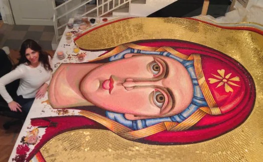 Vojna Bastavanovic Casteel working on the head of the Mother of God which was installed at St. Marks in Belgrade.