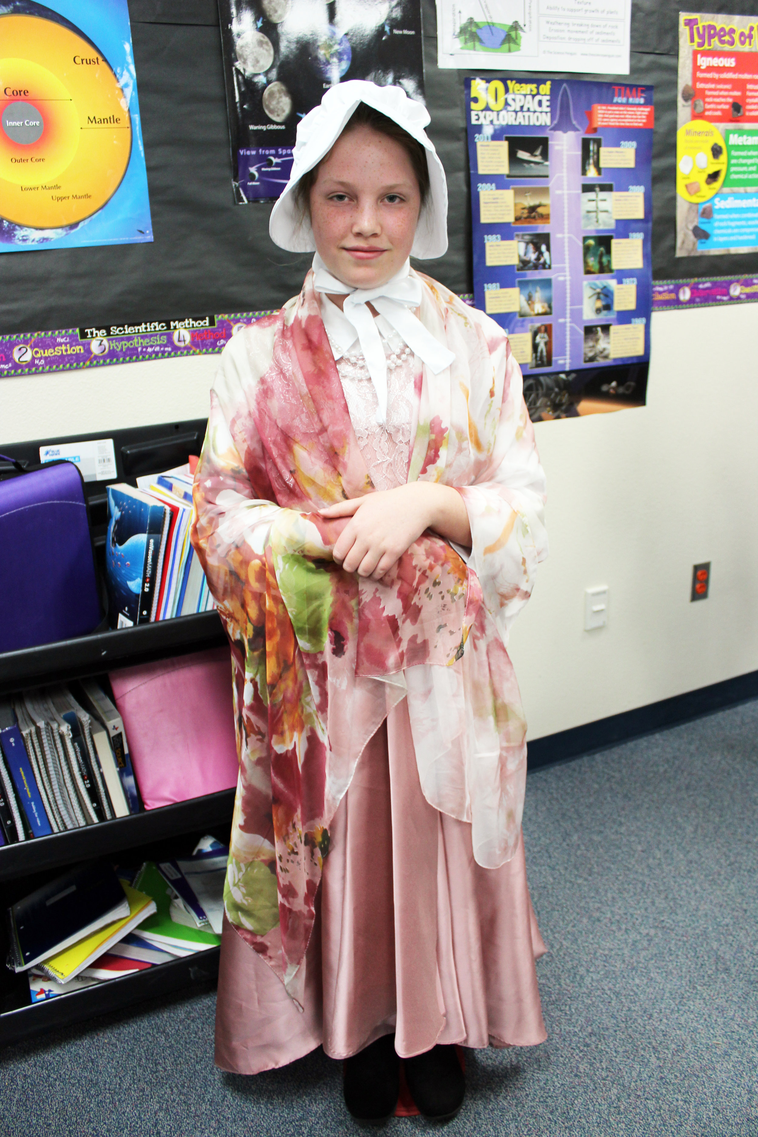 Emma Martinez portrayed Abigail Adams, the wife of President John Adams. A fact she presented was, “I had five children, but one of them, Susanna, died at the age of one.”