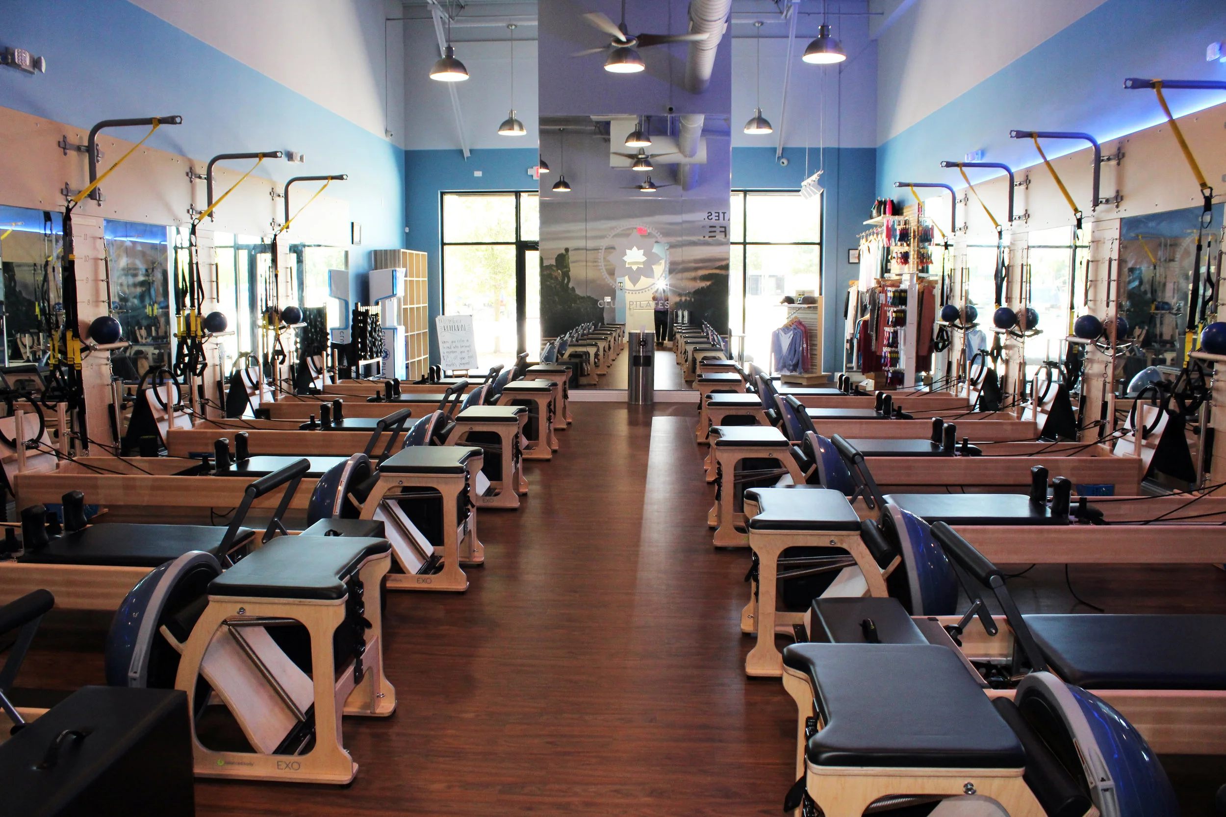 At each of the 12 workout stations, there is a reformer (main piece of equipment), springboard, mat, BOSU ball, EXO chair, TRX straps, foam roller and a variety of other exercise equipment.