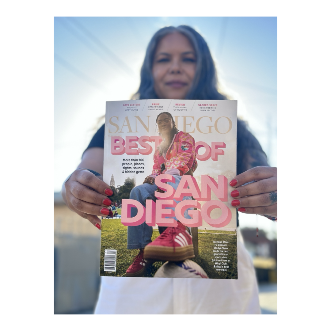 Olympian Jaedyn Shaw wears Sew Loka jacket on the cover of San Diego Magazine - July 2024