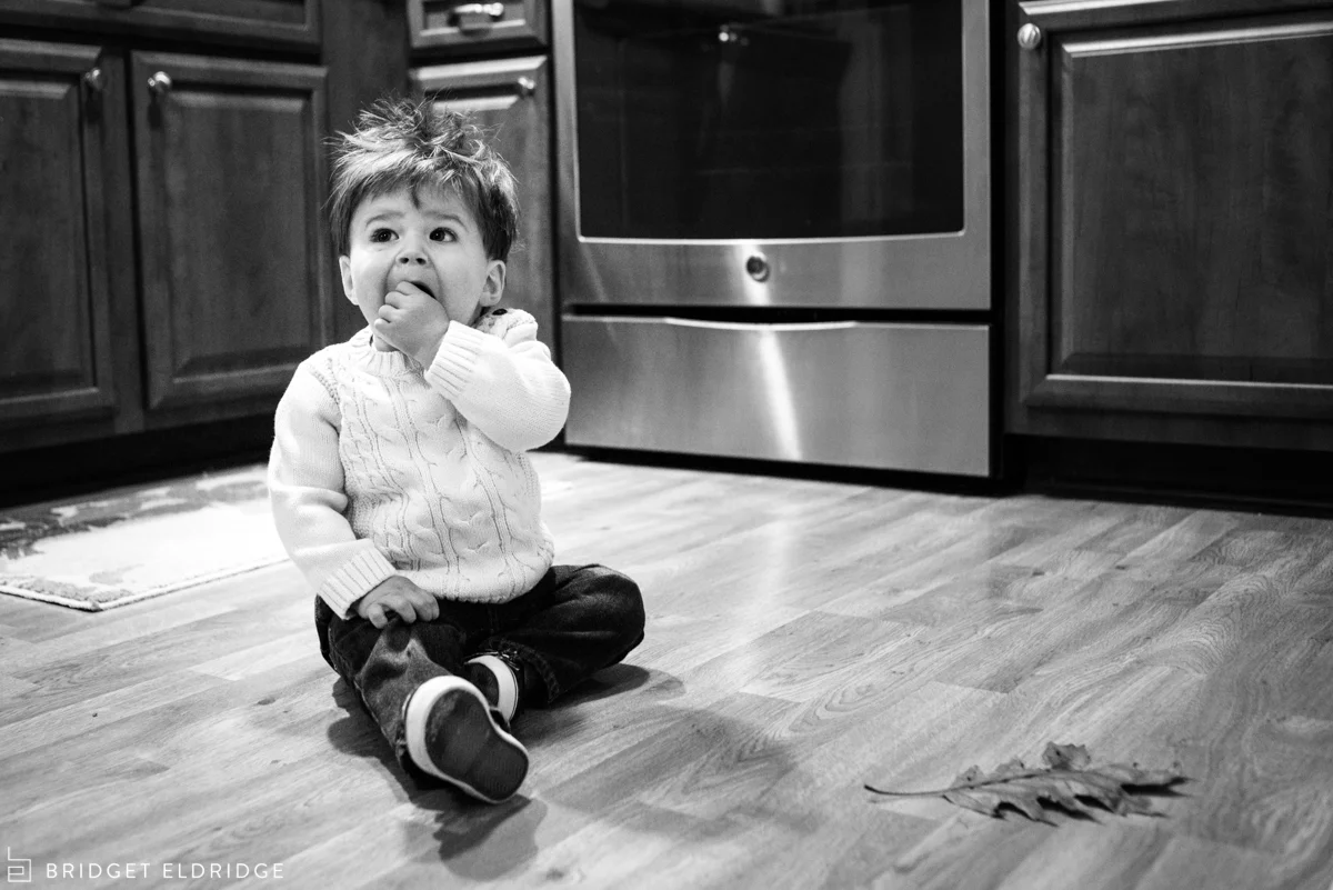 little boy hangs out in the kitchen with his leaf