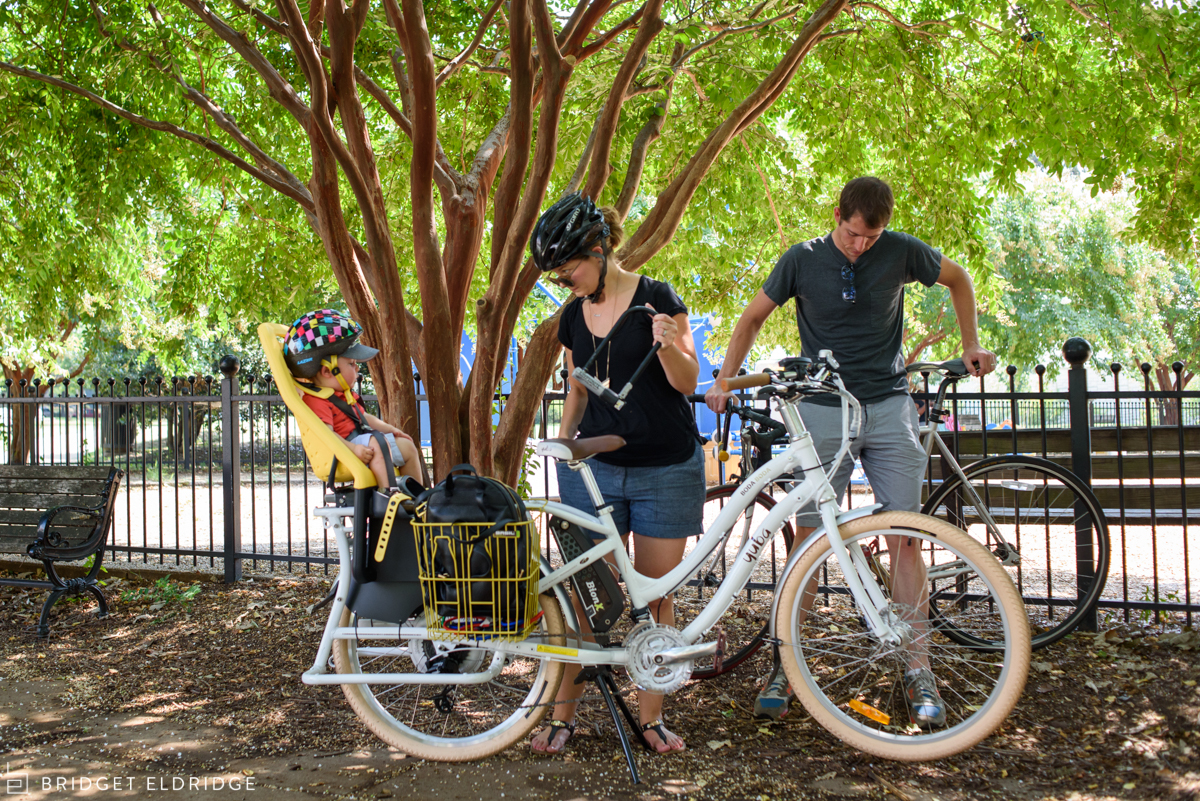 Mom talks to her son before they bike in Washington DC.