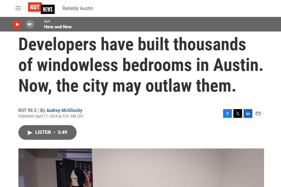 &ldquo;Windows should be a human right.&rdquo; &ndash; Juan Mir&oacute; (@in.full.circle)

Thanks @KUT_austin for this in-depth report on the causes and (hopeful) solutions to windowless bedrooms in Austin. @aiaaustin @txarchitects @utsoa 📷 Patricia