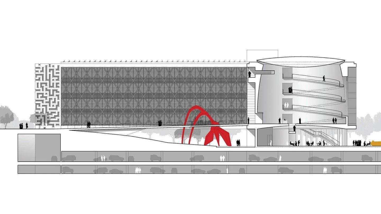 Lowered five meters below grade, the sculpture park is enveloped by a sweeping, landscaped berm. The park&rsquo;s design emphasizes flow and movement around and under the building, with varied amenities including secluded resting areas, shaded gather