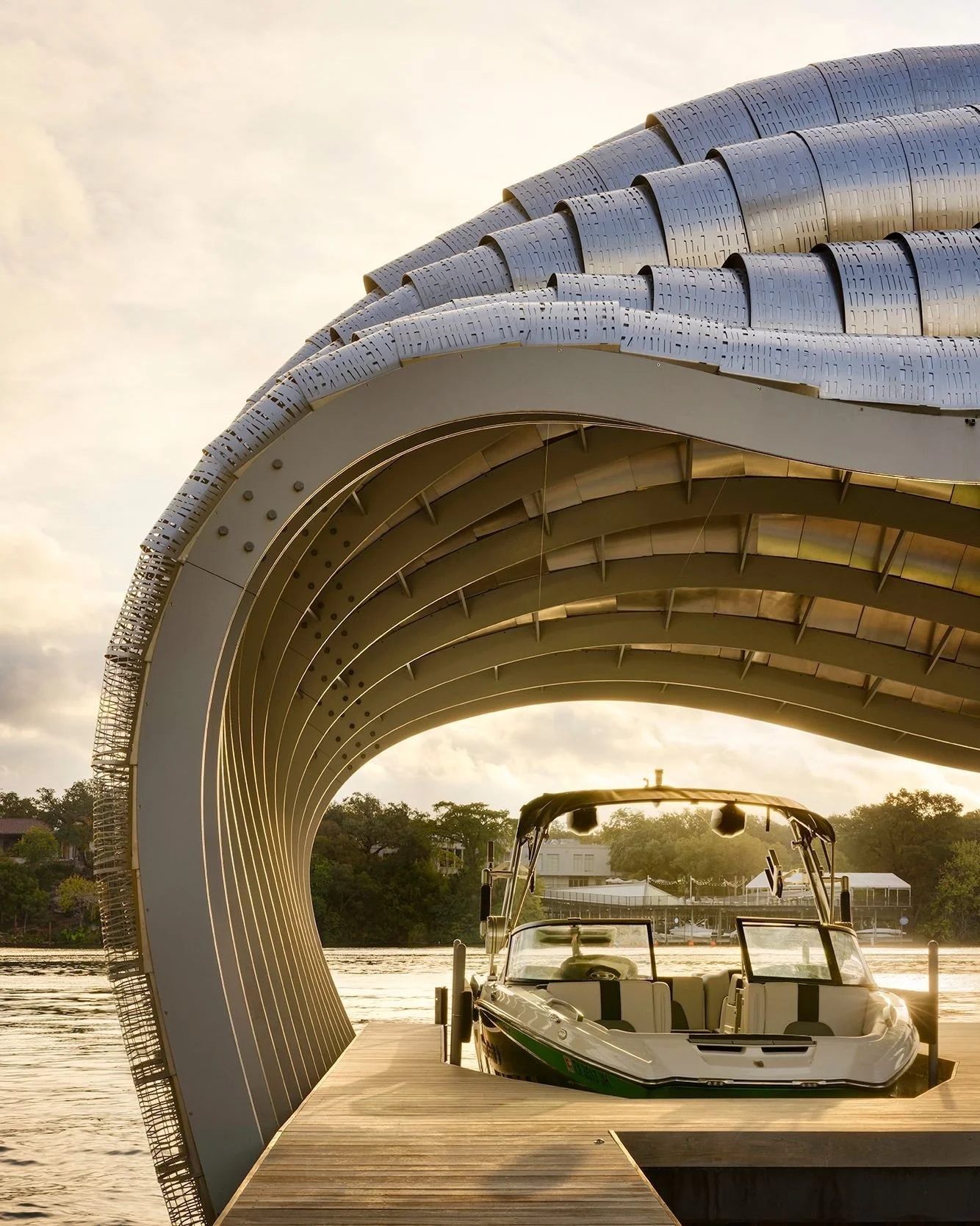 The resulting boat dock is a structure that opens up to light and breeze at the sides, while remaining protected overhead. Throughout the day, the dock&rsquo;s tone and texture subtly change with the quality of water, light, and air. #DiffuseDock #Mi