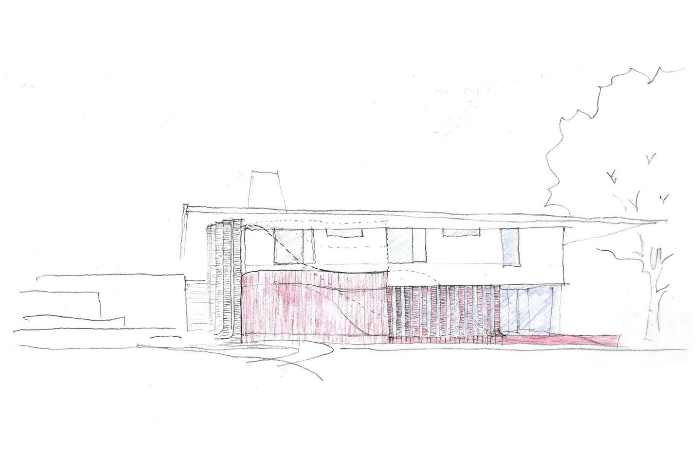 Sketch Week is back again! The south elevation of #CasaLotus is clad in a combination of brick and stucco, with the brick peeling away to form a screen porch that recalls an eye looking outward. #MiroRiveraArchitects #MRAProjectoftheWeek 📷 @rafaelga