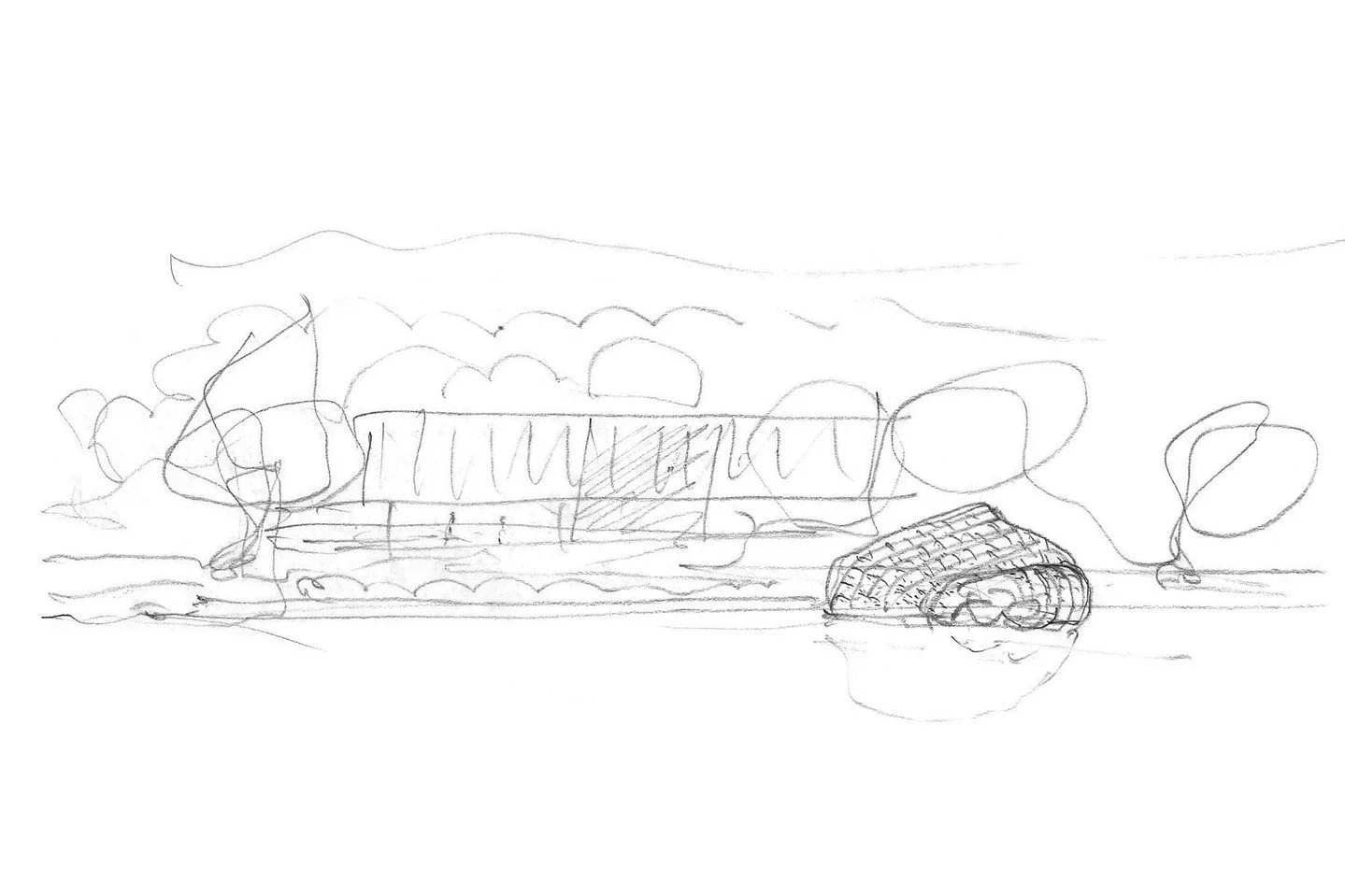 This gestural sketch for the #DiffuseDock captures the organic shape of the seashell-inspired structure, and its relationship to the adjacent guest house. #MiroRiveraArchitects #MRAProjectoftheWeek 📷 @rafaelgamo