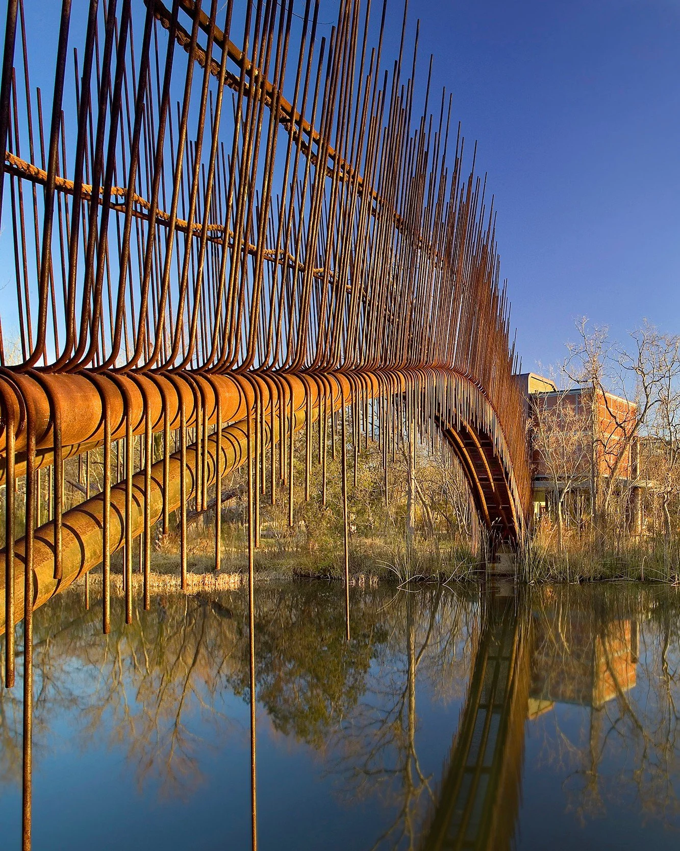 The arch structure spans 100 feet with a main span of 80 feet. It is composed of five nested pipes that diverge gracefully between the spring-point of the main span and the abutment at the beginning of the bridge. #PedestrianBridge #MiroRiveraArchite