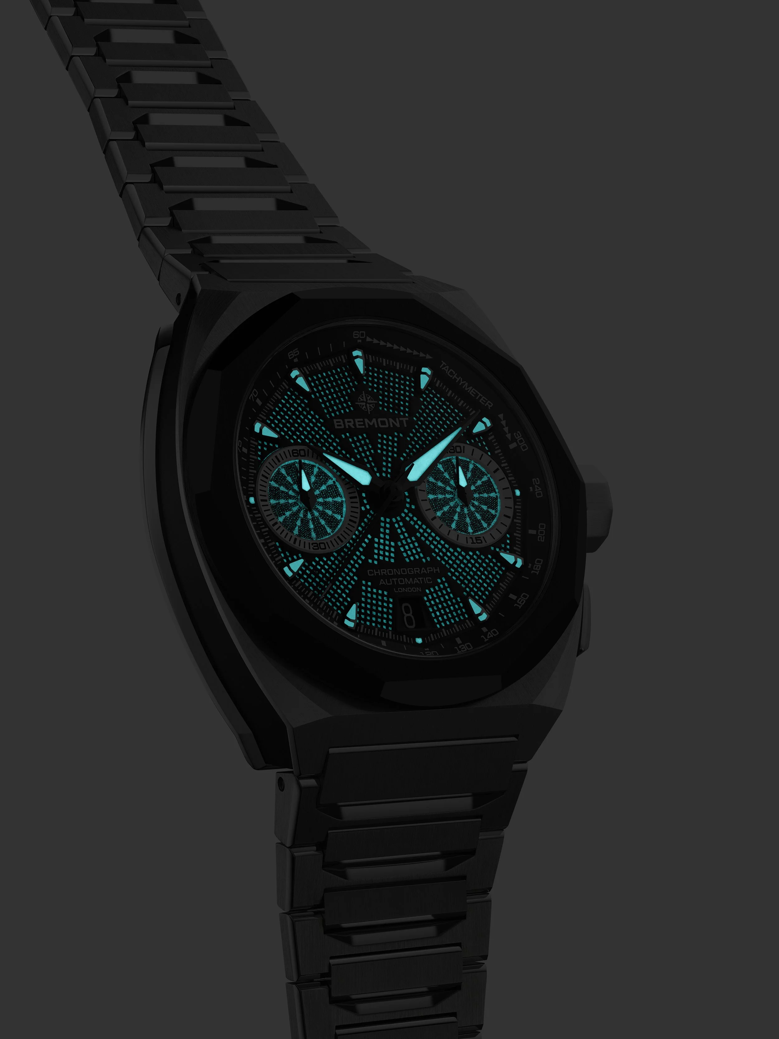 A photo of the Bremont Supernova showing the lume element of the watch of legibility in the dark - captured so Bremont are able to do a lights on and lights off feature on their website