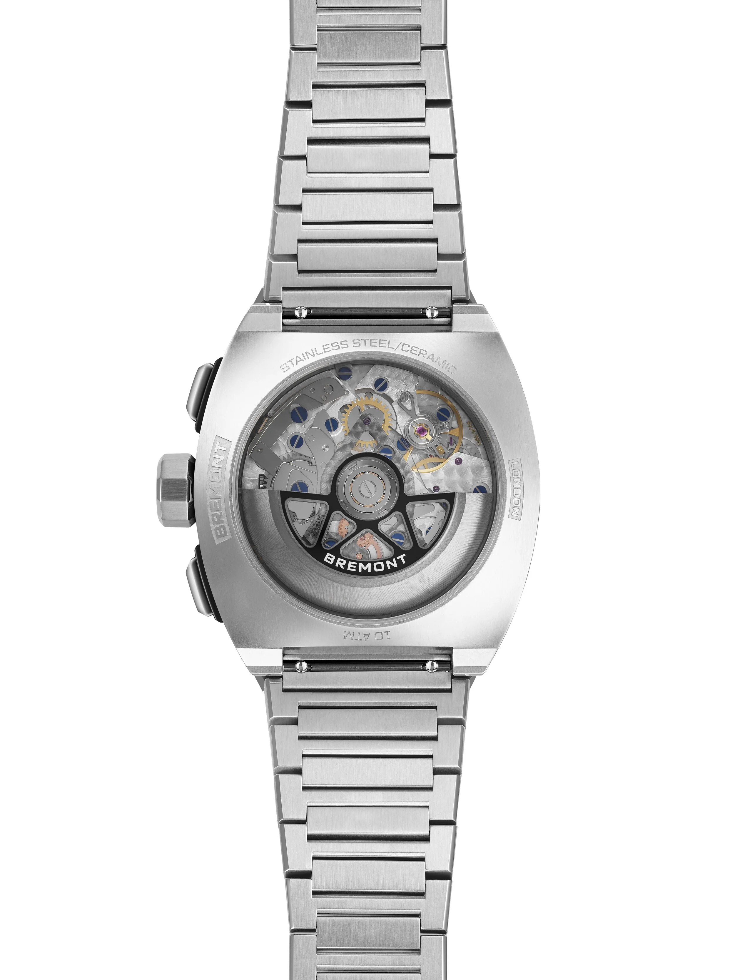 Case back e-com photo of the of the Bremont Supernova with a steel strap