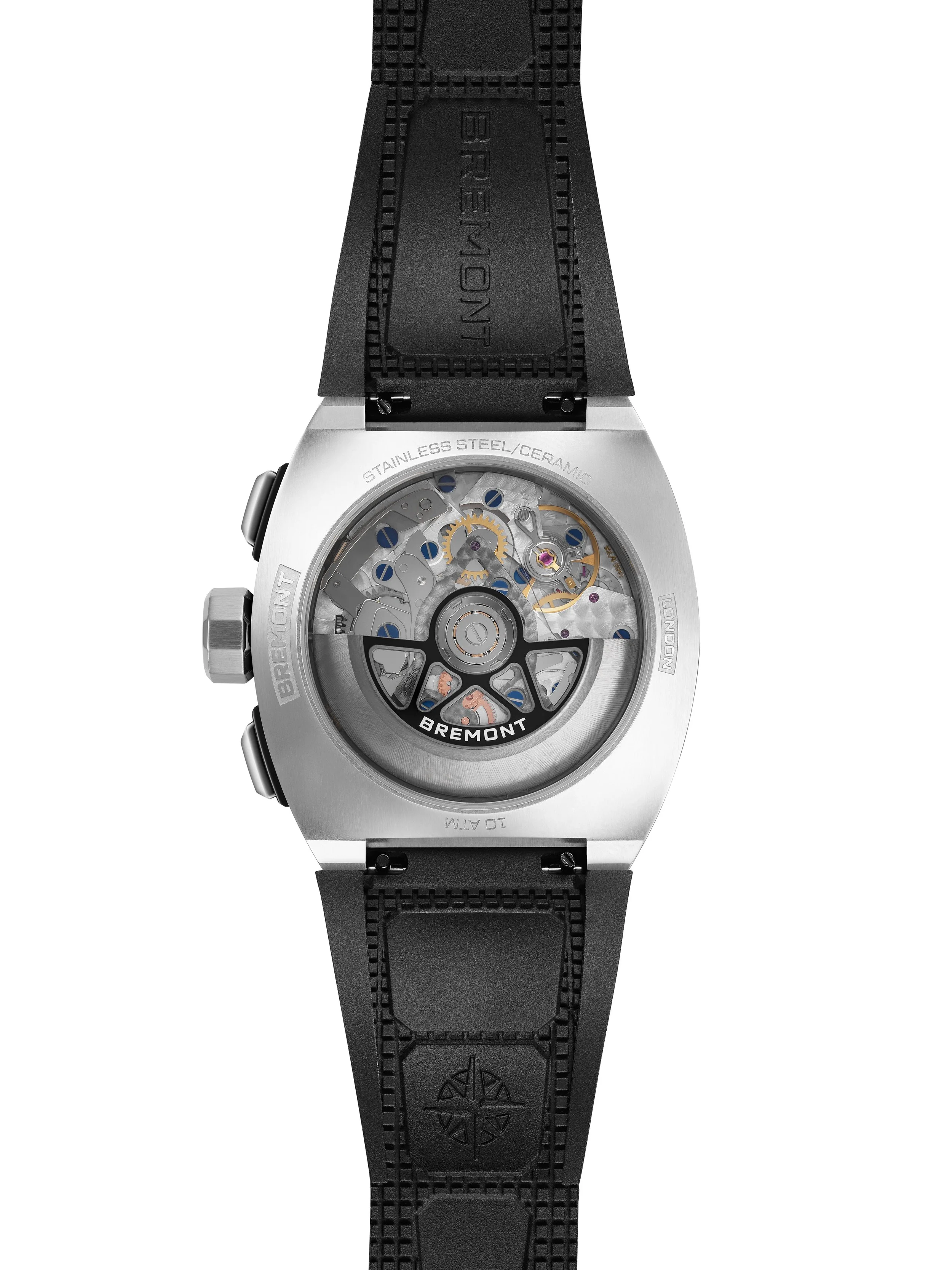 Case back e-com photo of the of the Bremont Supernova with a rubber strap