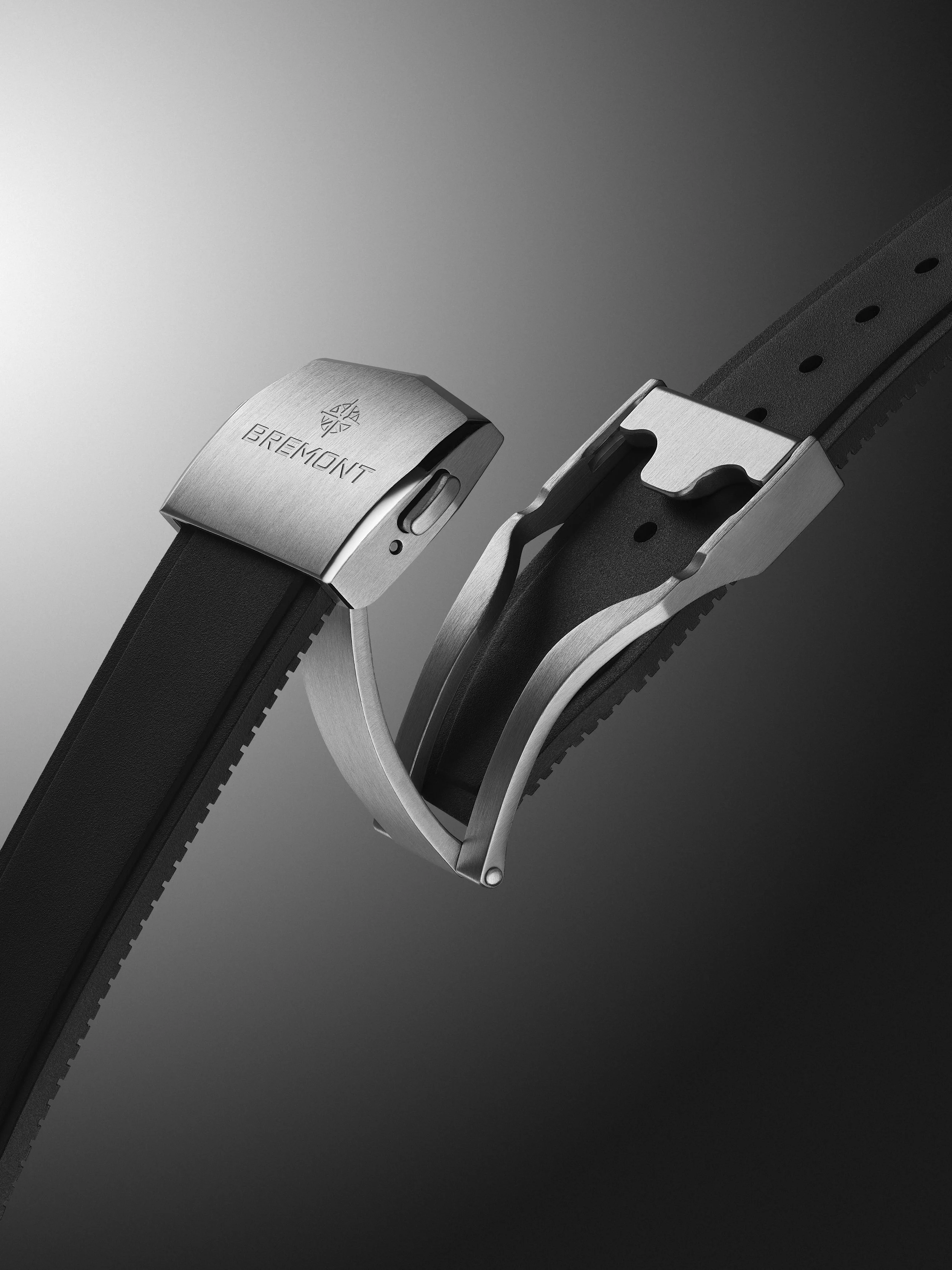 A detail shot of the Bremont Supernova rubber strap and clasp