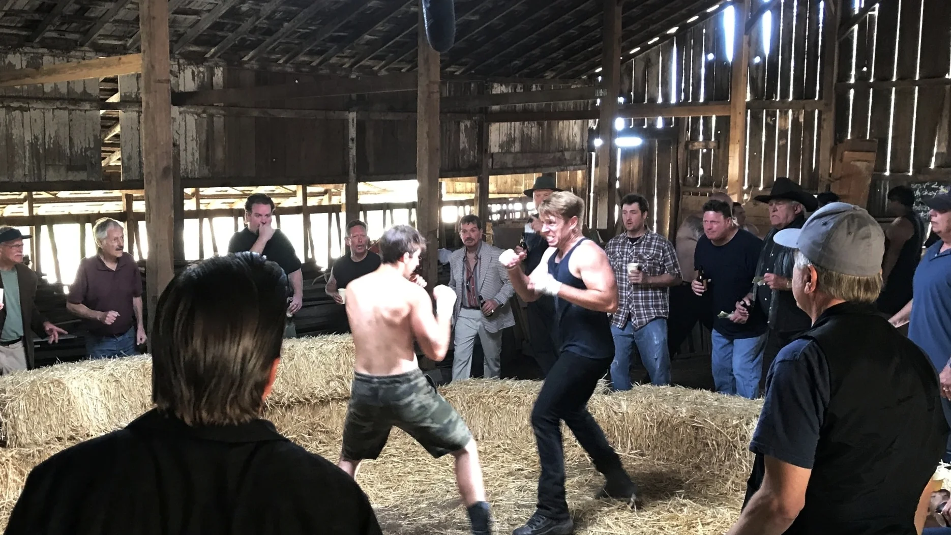 A barn fight in American Fighter.  Production Design by Rob Riutta.  Photo by Sean Gunn.