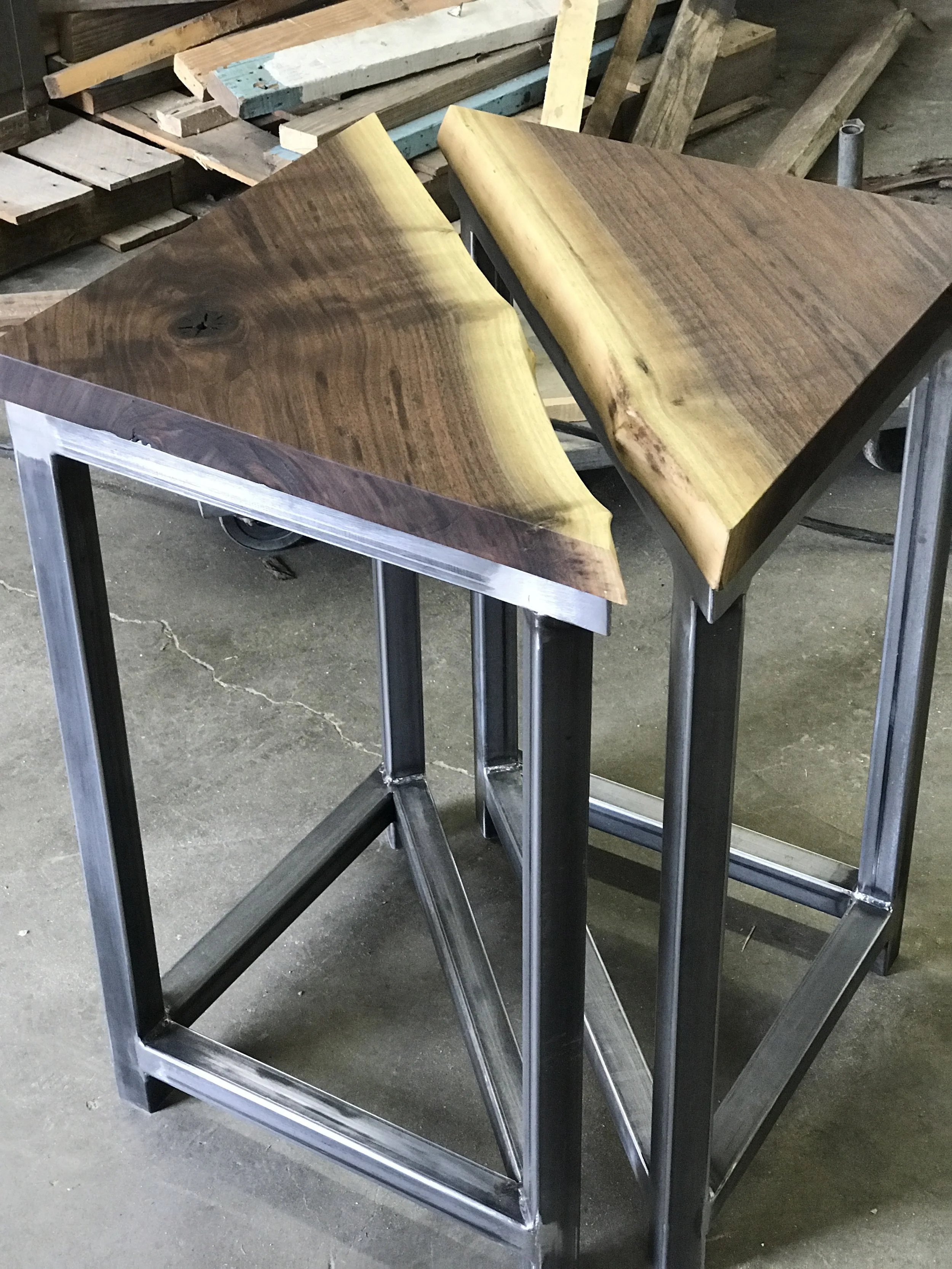 Walnut and Steel Corner Tables
