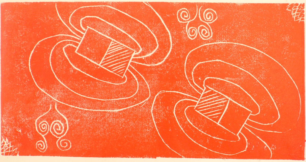 Lino cut print - original drawing by physicist Mike Tarbutt, inspired by Kay Ryan's poem, and then cut into lino by me. 