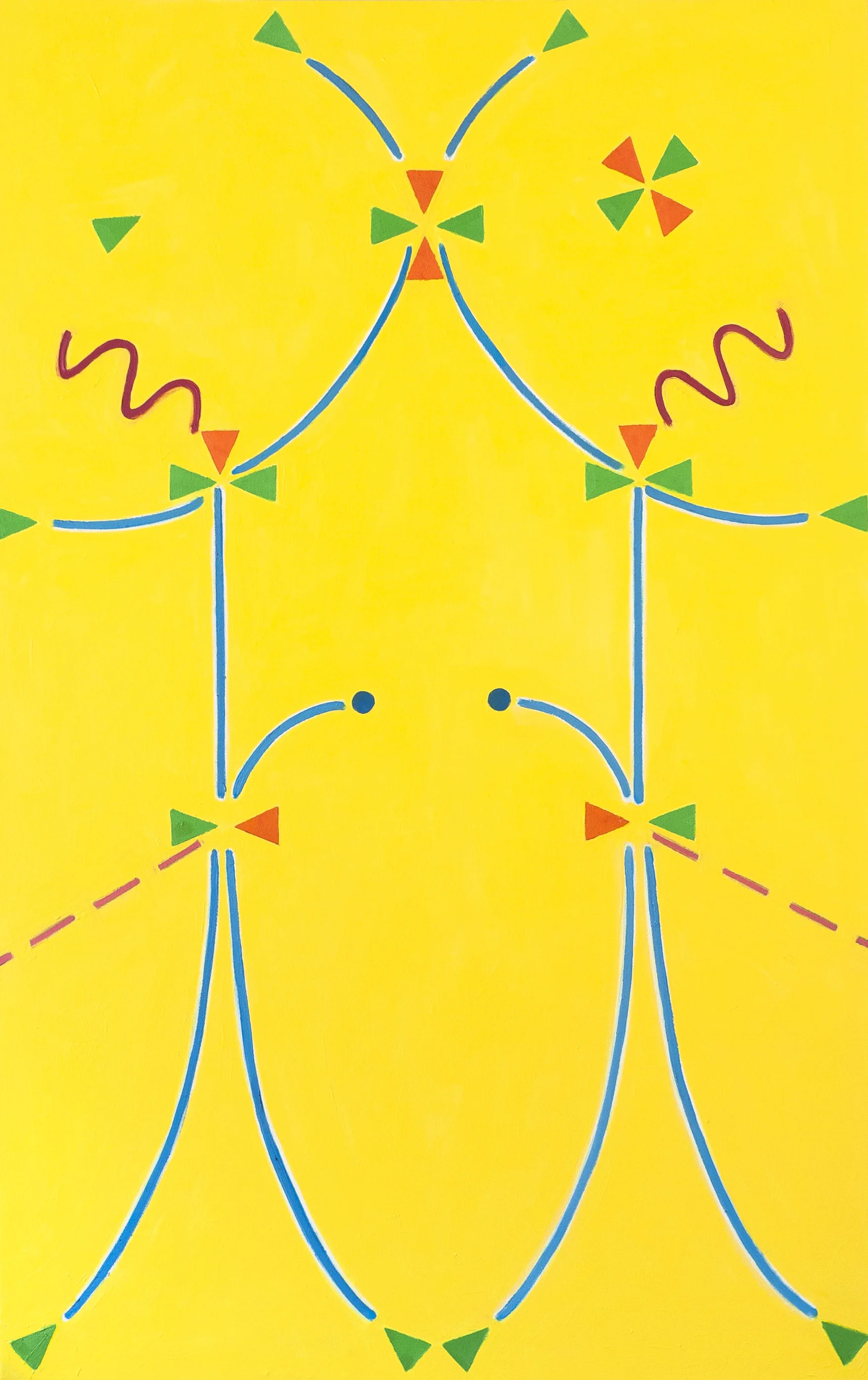 Dance These are the steps that make sunshine. The action travels upwards from the bottom of the page fusing hydrogen together to make helium and light. The green triangles are protons and the orange ones are neutrons. The dotted pink lines are neutrinos, the little blue dots are positrons and the magenta waves are light. Oil on canvas, 140 x 88 cm