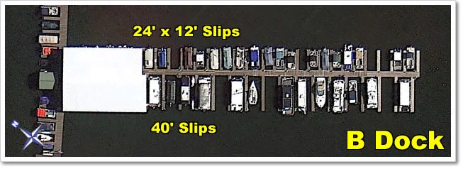 B Dock has 40' slips (some covered) on one side of the dock, and 24' x 12' slips (some covered) on the other side.