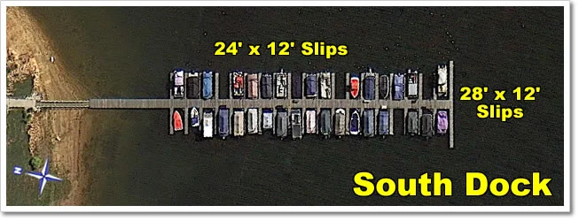 South Dock has mostly 24' x 12' slips, plus a couple of 28' x 12' slips.