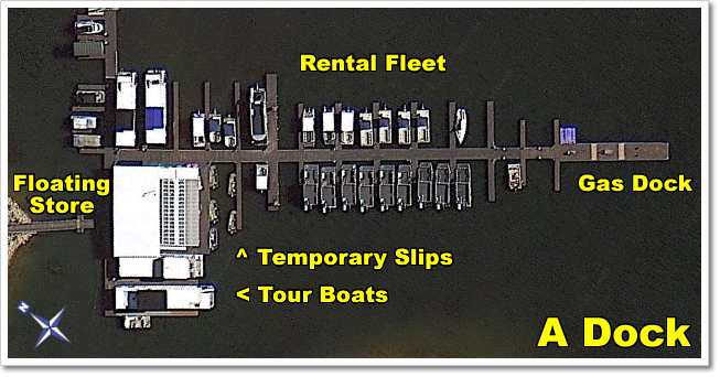 A Dock houses the Floating Store (with all your last minute needs), the temporary slips , our fleet of rental boats , our tour boats , and the public gas dock.
