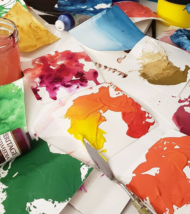 Colorful chaos! Creating tons of paint swatches and custom mixes for @heritage.multimedia.acrylics . Check out their new profile as we fill it up with stunning color and juicy paint!