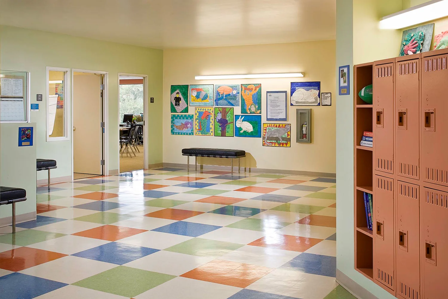 Interior of a private school in Playa Vista. Daylight interior with supplemental strobe lighting. Photographed for Pacific Dimension Interiors.