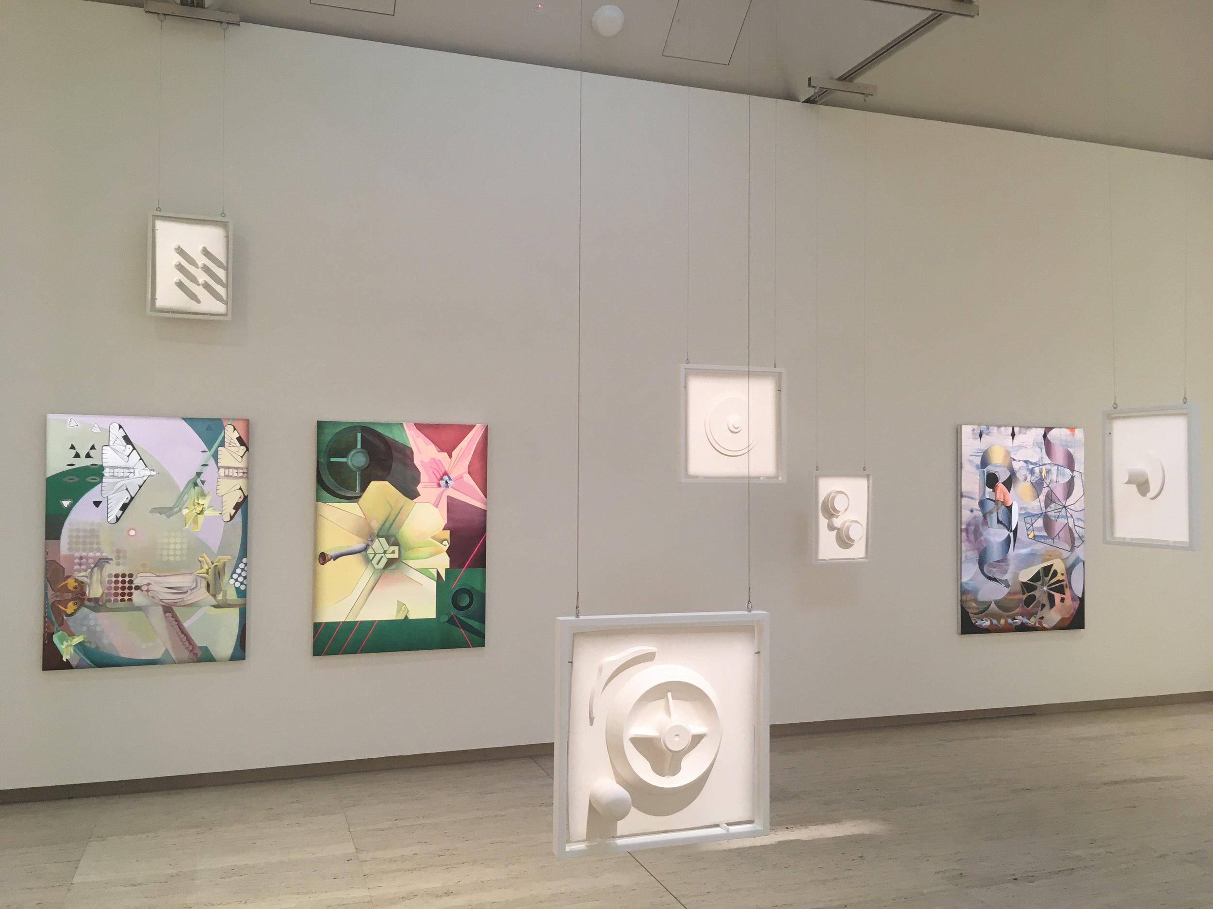 Installation view of works by Madeleine Kelly, Supernature, 2023, On the paper petals crack, 2023, Pelican analogues, 2023 and Middle earth, 2023. The National 4 Australian Art Now.JPG
