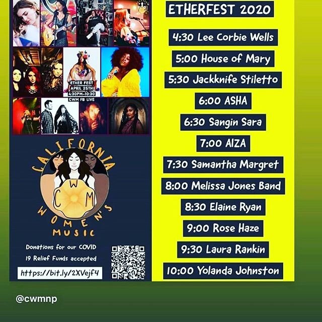 Please check out my girl @sanginsara tonight where she&rsquo;ll be performing  along side several other amazing performers at #etherfest2020 (6:30 pm pst). Catch it from her Facebook Watch Party (Sangin Sara) or go to the California Women&rsquo;s Mus