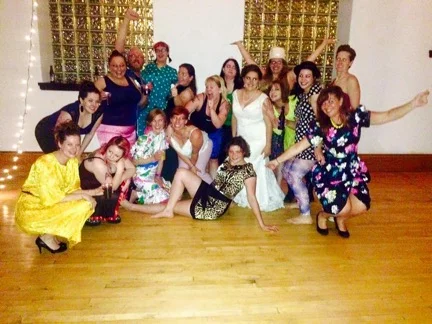The Dames in their thrift store fashion at Squid's wedding
