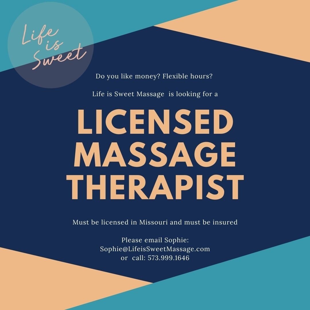 Psssst. ⁠
⁠
✨ WE'RE HIRING! ✨⁠
⁠
LMT's must be ⁠
&middot; Licenced &amp; insured in the state of Missouri ⁠
⁠
Please email a resume to Sophie at⁠
Sophie@lifeissweetmassage.com⁠
or give us a call at 573-999-1646 ⁠
⁠
We're SO excited to get you to know