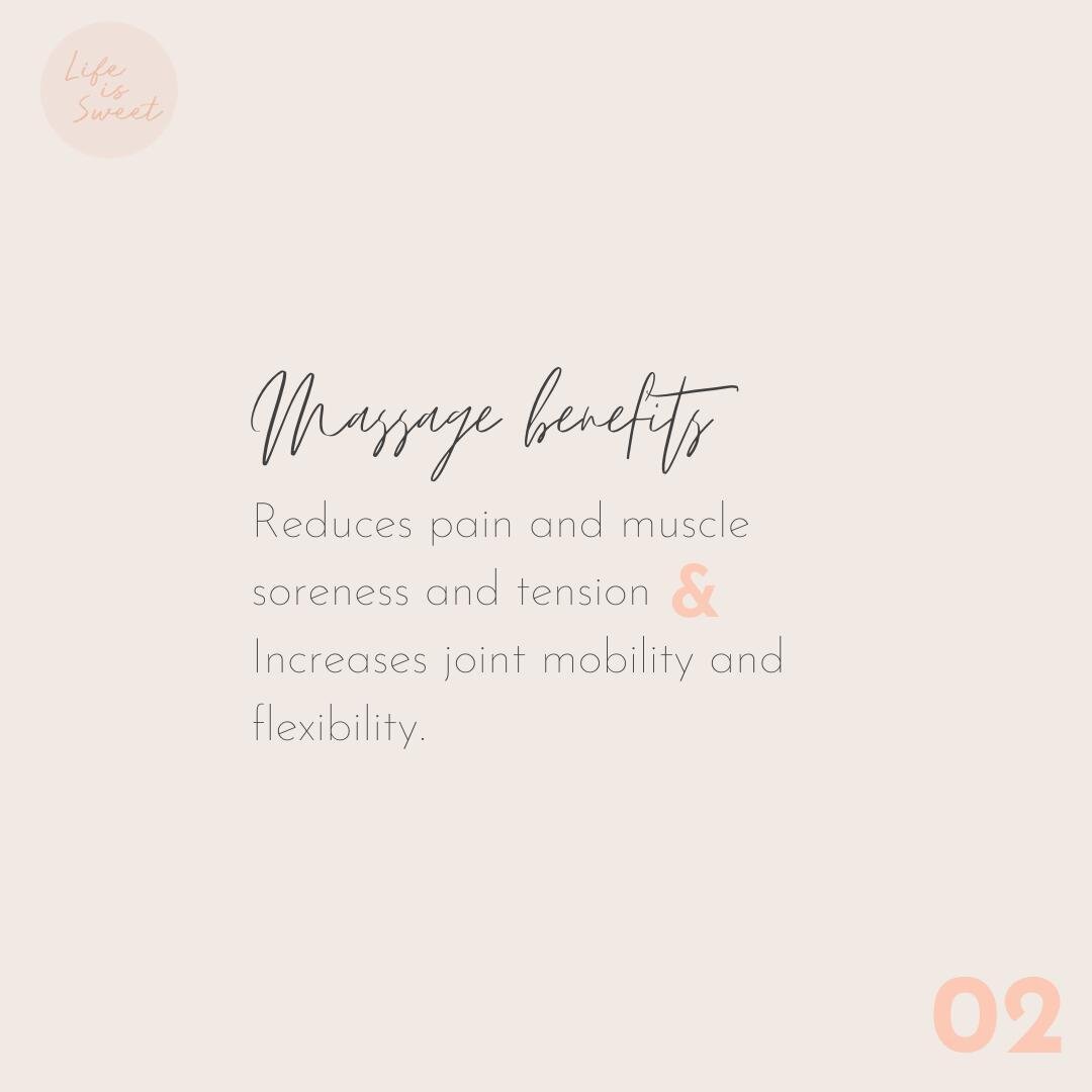 Dealing with stiff, achy muscles? Notice a decrease in flexibility? Massage can help relieve those pains + many more! ⁠
⁠
Book now at https://bit.ly/LifeIsSweet_BOOK ⁠
(link in bio) ⁠
⁠
⁠
⁠
.⁠
⁠
⁠
.⁠
⁠
⁠
.⁠
#massage  #spa #relax #health #wellness #yo
