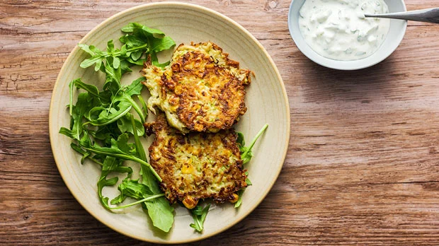 Corn and zucchini fritters with tzatziki