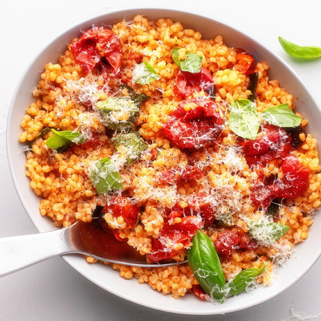 Fregola sarda, tomatoes, basil, pecorino.

Today was gorgeous, a very welcome sneak-preview of summer after a couple of rainy weeks. To meet it, some cutlets on the barbie and I made this very summery fregola to go with.

I&rsquo;m a bit obsessed wit