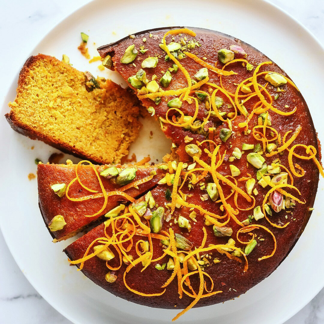 Mandarin and pistachio cake.

I make this flourless cake with mandarins that are sold for kids' school lunchboxes &ndash; they&rsquo;re seedless (for safety, no doubt), and have a nice peel-to-pith ratio, so the whole fruit can be boiled and blitzed 