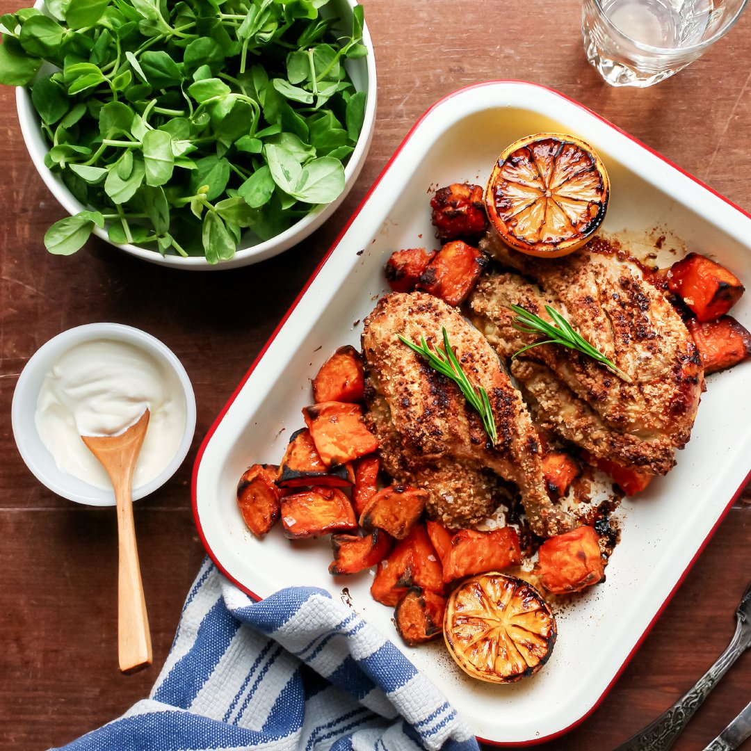 Keep It Simple Sunday: dukkah-crusted poussin, sweet potato, pea shoots and a yoghurt and tahini sauce. 

Once it&rsquo;s plated, the lemon gets squeezed over everything.

I make the dukkah with macadamias; you can see the recipe for it a few posts b