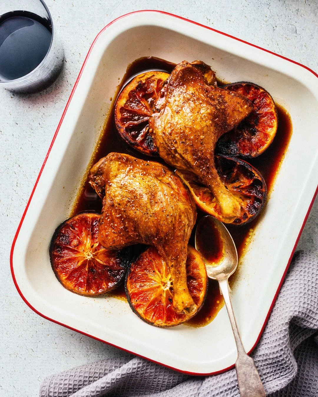 Duck legs with blood oranges for Sunday night.

First blood oranges of their maddeningly short season. Duck salt-cured with aromatics (thyme, coriander seeds, garlic, ginger) for a few hours for crispness and flavour. Pan sauce with orange juice and 
