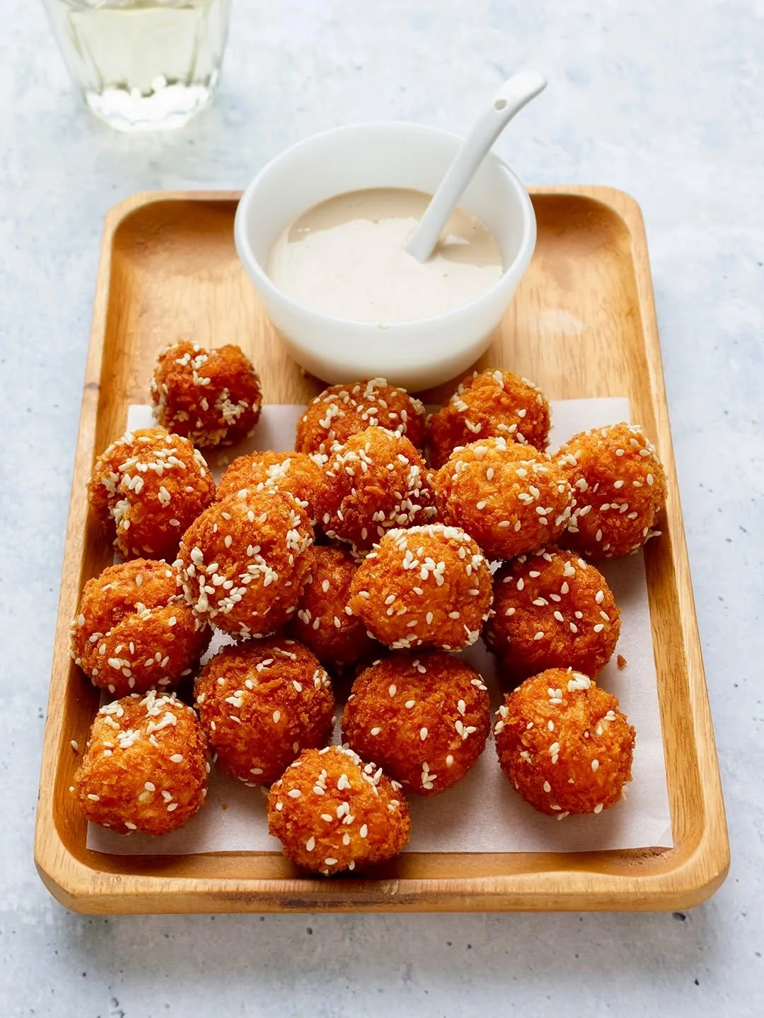 🍤 Prawn toast turned into balls &ndash; same ingredients rolled in panko.

For dipping, Kewpie mayo mixed with ponzu, a drop of sesame oil and a little Sriracha for heat.
