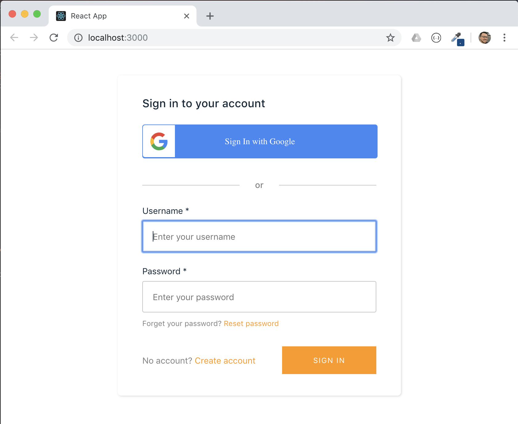 Amplify login screen