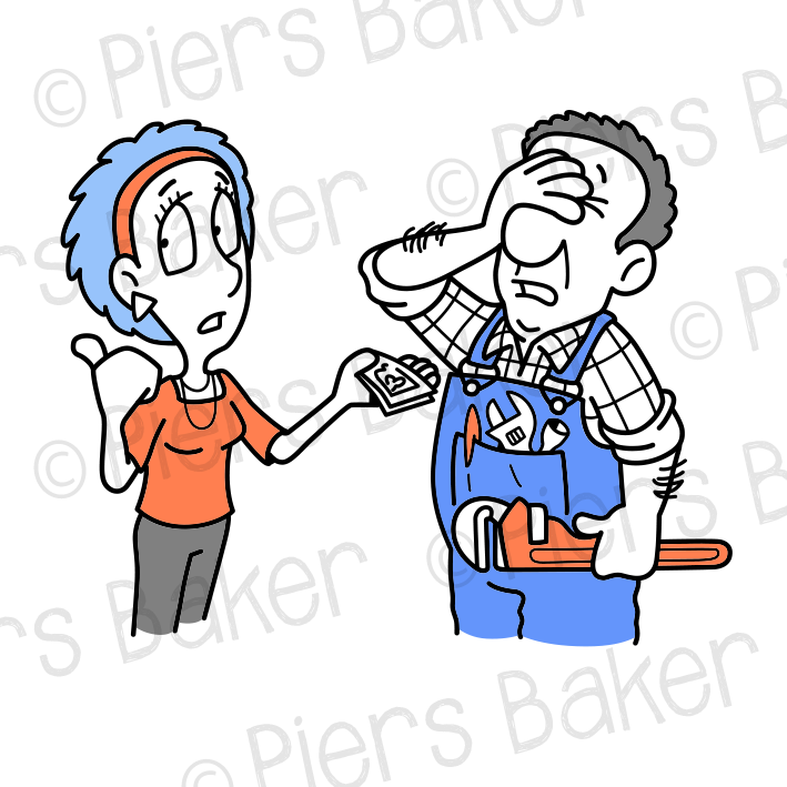PayMoneyMechanicWrenchGaragePlumberWomanClientCustomerPointConcernedHandOverEyesFrustratedToolsFee.png