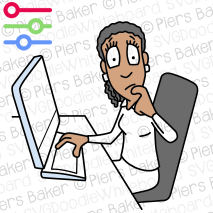 FemaleBlackWomanUnsureConfusedWorriedWorryComputerWorkplaceAfraidConcernedDesktop.png
