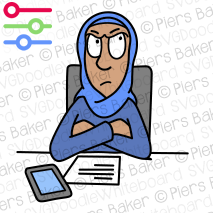 HijabAngryFrustratedWomanSitDeskWorkBusinessCrossedArmsFoldedLookUpExasperatediPhoneMobileCell.png