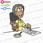 MayaHappyBlackMagnifyingGlassSearchlookSeePointPaperworkDocumentRecruitmentHRExplain.png