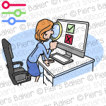 WomanMagnifyingGlassDesktopComputerRightWrongCorrectGoodBadAcceptRejectSearchInspection.png
