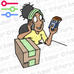 ChloeBlackWomanHoldingTicketsLeaningOnBoxPackageDeliverParcelHappy.png