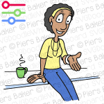 BlackDiversityWomanRelaxedLeanSitDeskGestureCoffeeHappySmileHandArmOutWorkplace.png