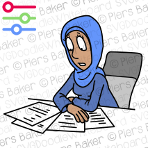 HijabWomanDeskSitReadingPaperworkDocumentsConcernedWorriedWorry.png